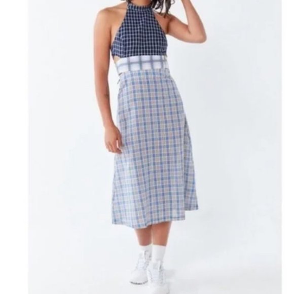 Urban Outfitters Plaid Patchwork Halter Open Back Tie Midi Dress - Picture 1 of 14
